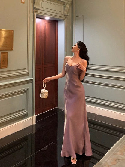 Elegant Sheath Spaghetti Straps Lilac Long Satin Prom Dresses Birthday Outfits Evening Gown