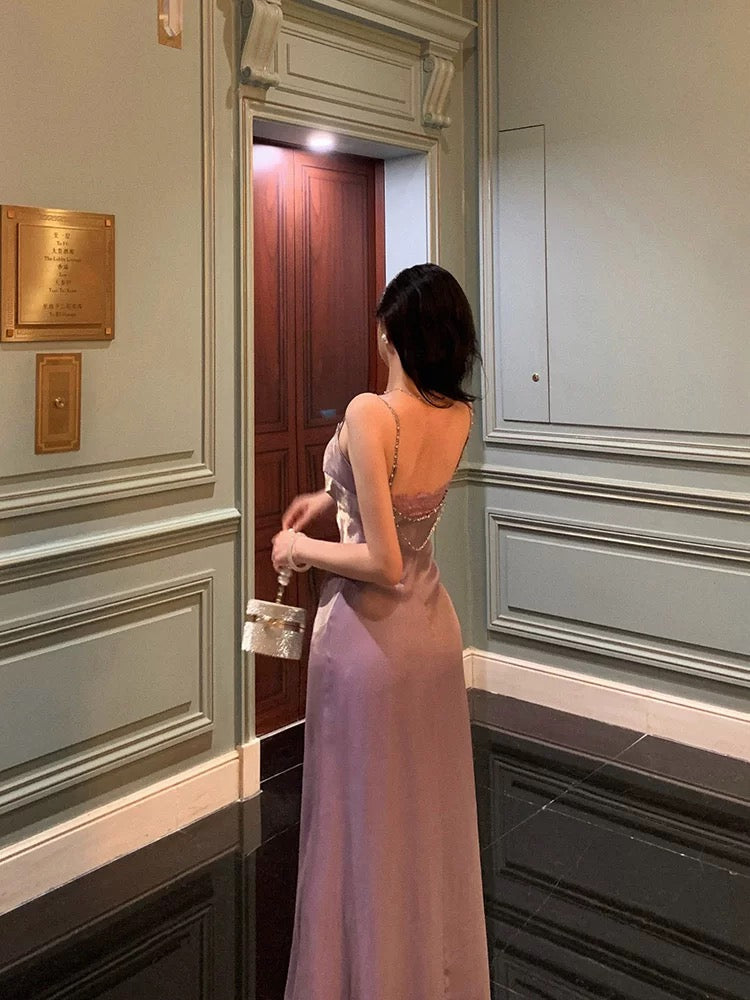 Elegant Sheath Spaghetti Straps Lilac Long Satin Prom Dresses Birthday Outfits Evening Gown