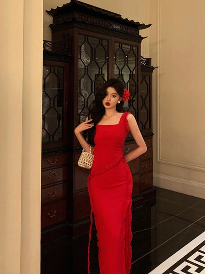 Sexy A Line Square Neckline Red Chiffon Prom Dresses Birthday Outfits Evening Gown