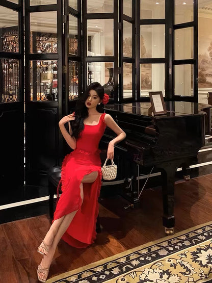 Sexy A Line Square Neckline Red Chiffon Prom Dresses Birthday Outfits Evening Gown
