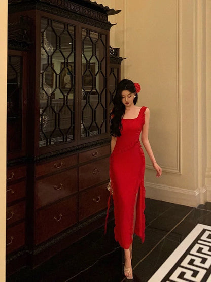 Sexy A Line Square Neckline Red Chiffon Prom Dresses Birthday Outfits Evening Gown