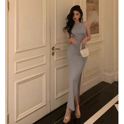 Elegant Sheath Scoop Neckline Dusty Blue Slit Prom Dresses Birthday Outfits Evening Gown