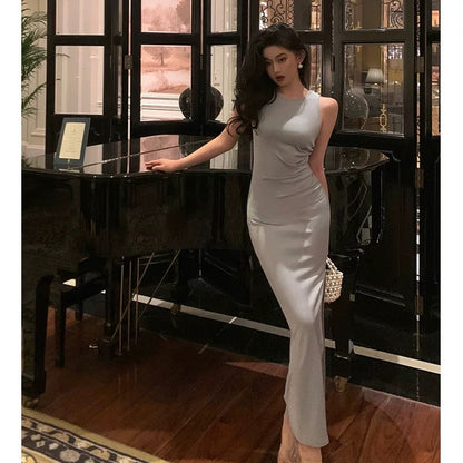 Elegant Sheath Scoop Neckline Dusty Blue Slit Prom Dresses Birthday Outfits Evening Gown