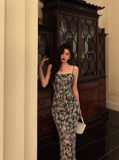 Sexy Sheath Spaghetti Straps Blue Floral Prom Dresses Birthday Outfits Evening Gown