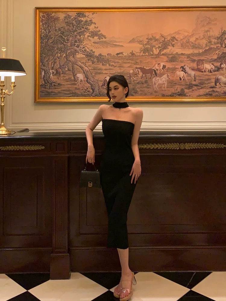 Elegant Sheath Strapless Black Prom Dresses Birthday Outfits Evening Gown