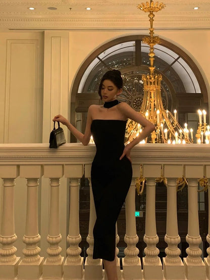 Elegant Sheath Strapless Black Prom Dresses Birthday Outfits Evening Gown
