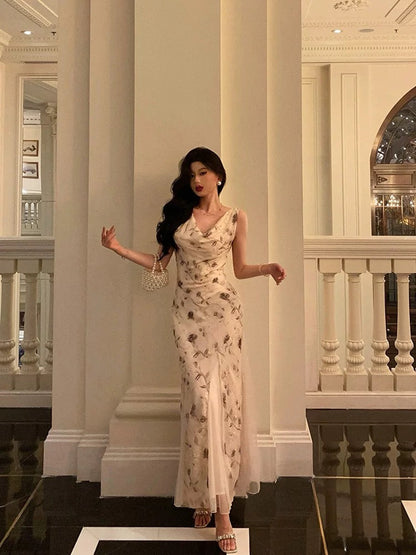 Sexy Mermaid Jewel Neckline Floral Chiffon Prom Dresses Birthday Outfits Evening Gown
