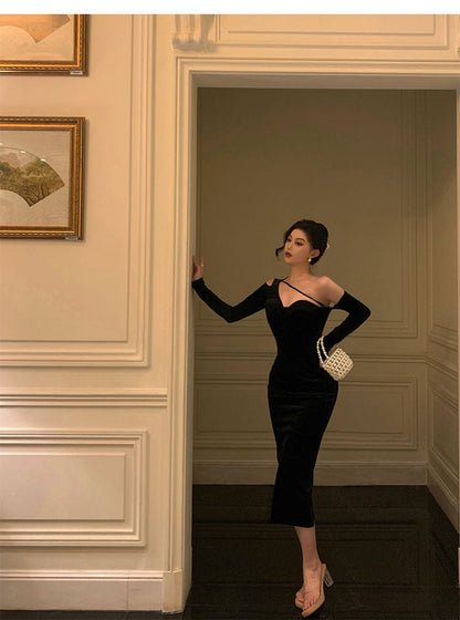 Elegant Sheath One Shoulder Black Prom Dresses Birthday Outfits Evening Gown