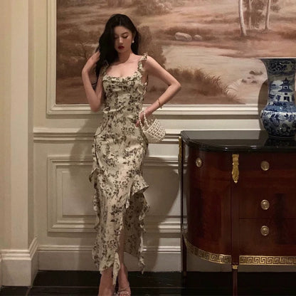 Elegant Sheath Square Neckline Floral Slit Prom Dresses Birthday Outfits Evening Gown