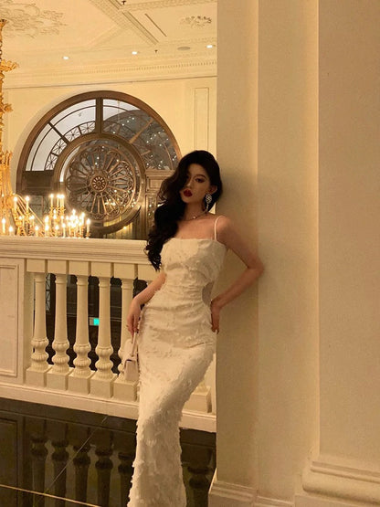 Elegant Sheath Spaghetti Straps White Prom Dresses Birthday Outfits Evening Gown
