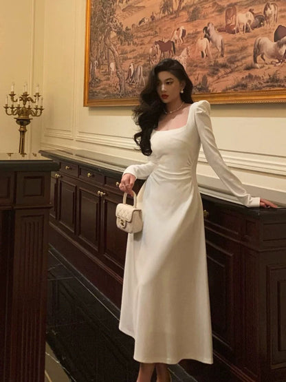 Elegant A line Square Neckline Long Sleeves White Prom Dresses Birthday Outfits Evening Gown