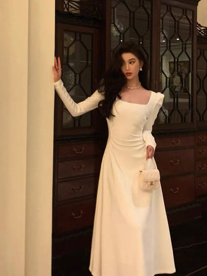 Elegant A line Square Neckline Long Sleeves White Prom Dresses Birthday Outfits Evening Gown
