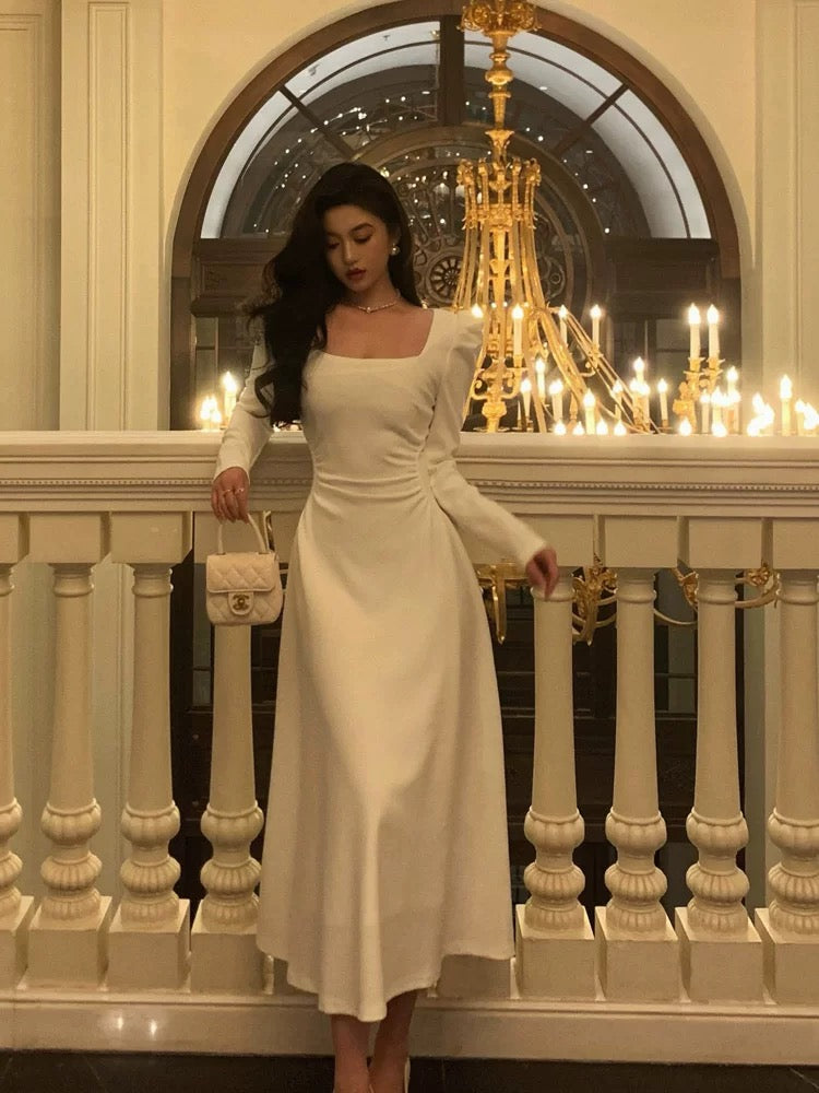 Elegant A line Square Neckline Long Sleeves White Prom Dresses Birthday Outfits Evening Gown