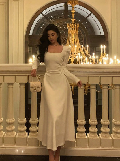 Elegant A line Square Neckline Long Sleeves White Prom Dresses Birthday Outfits Evening Gown