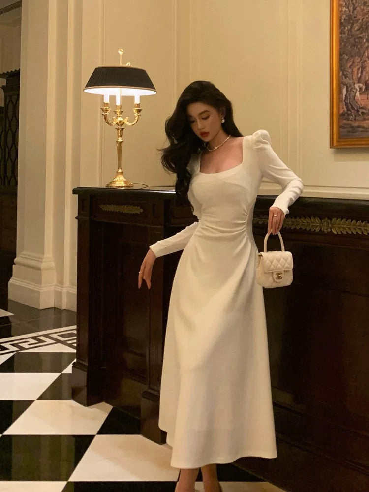 Elegant A line Square Neckline Long Sleeves White Prom Dresses Birthday Outfits Evening Gown