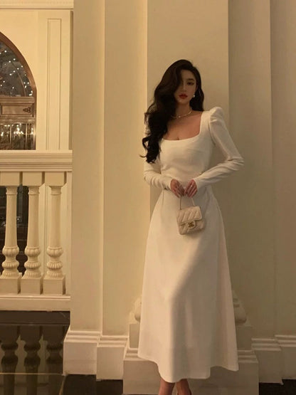 Elegant A line Square Neckline Long Sleeves White Prom Dresses Birthday Outfits Evening Gown