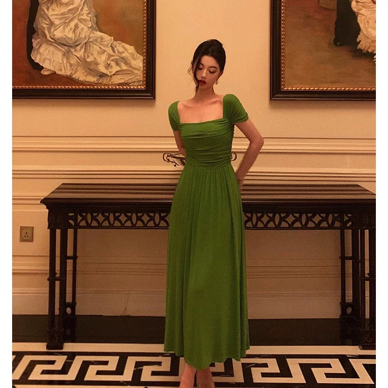 Elegant A Line Square Neckline Green Long Prom Dresses Birthday Outfits Evening Gown
