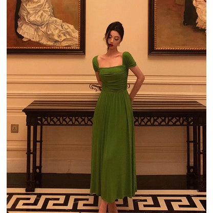 Elegant A Line Square Neckline Green Long Prom Dresses Birthday Outfits Evening Gown