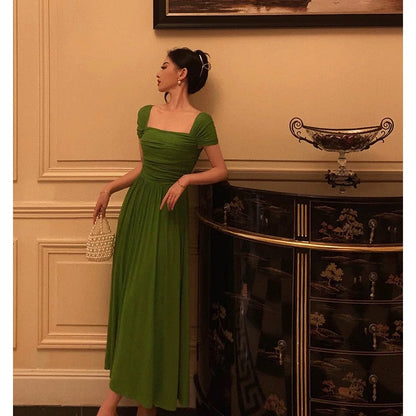 Elegant A Line Square Neckline Green Long Prom Dresses Birthday Outfits Evening Gown