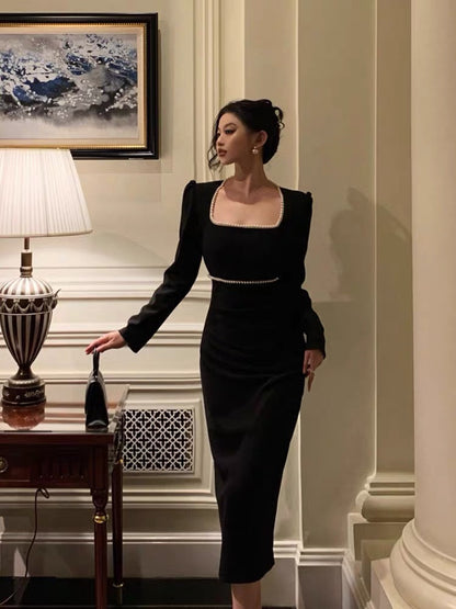 Elegant Sheath Square Neckline Black Velvet Prom Dresses Birthday Outfits Evening Gown