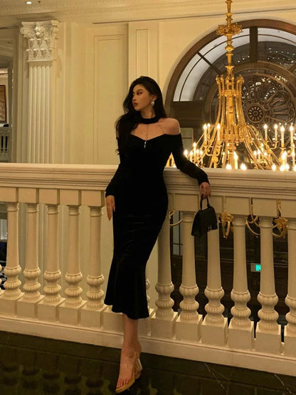 Elegant Mermaid High Neckline Black Velvet Prom Dresses Birthday Outfits Evening Gown