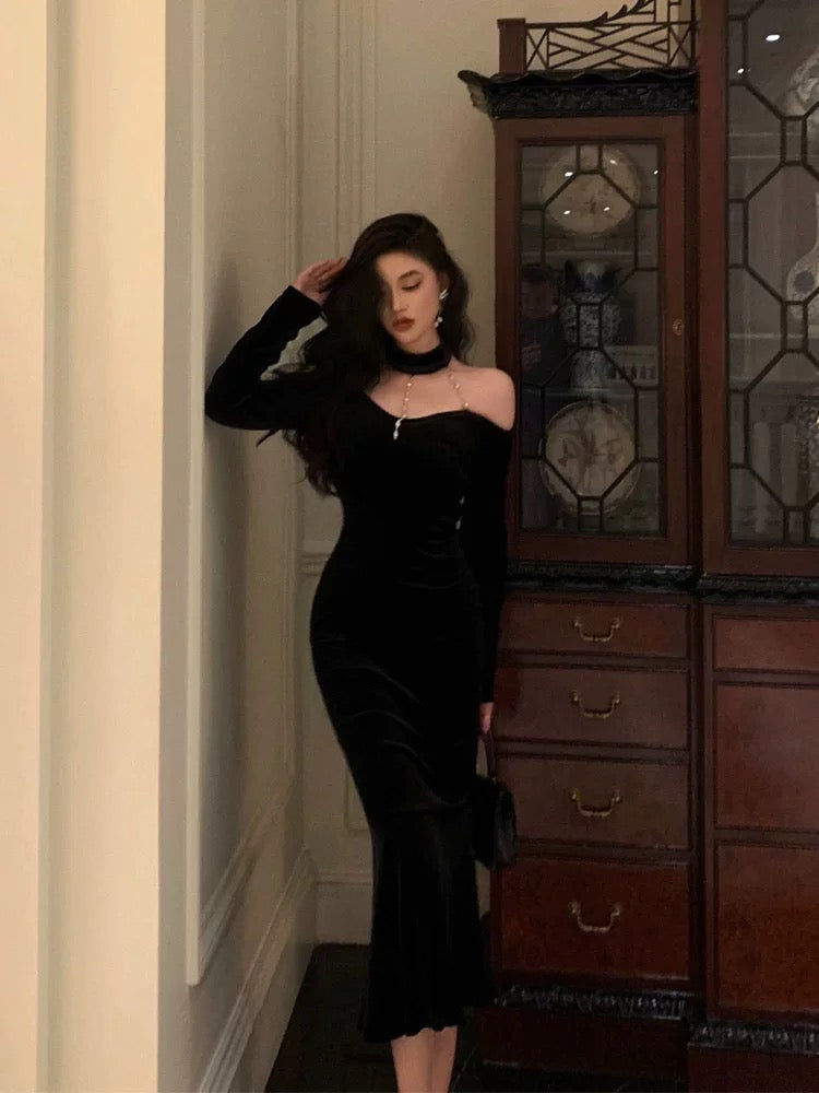 Elegant Mermaid High Neckline Black Velvet Prom Dresses Birthday Outfits Evening Gown