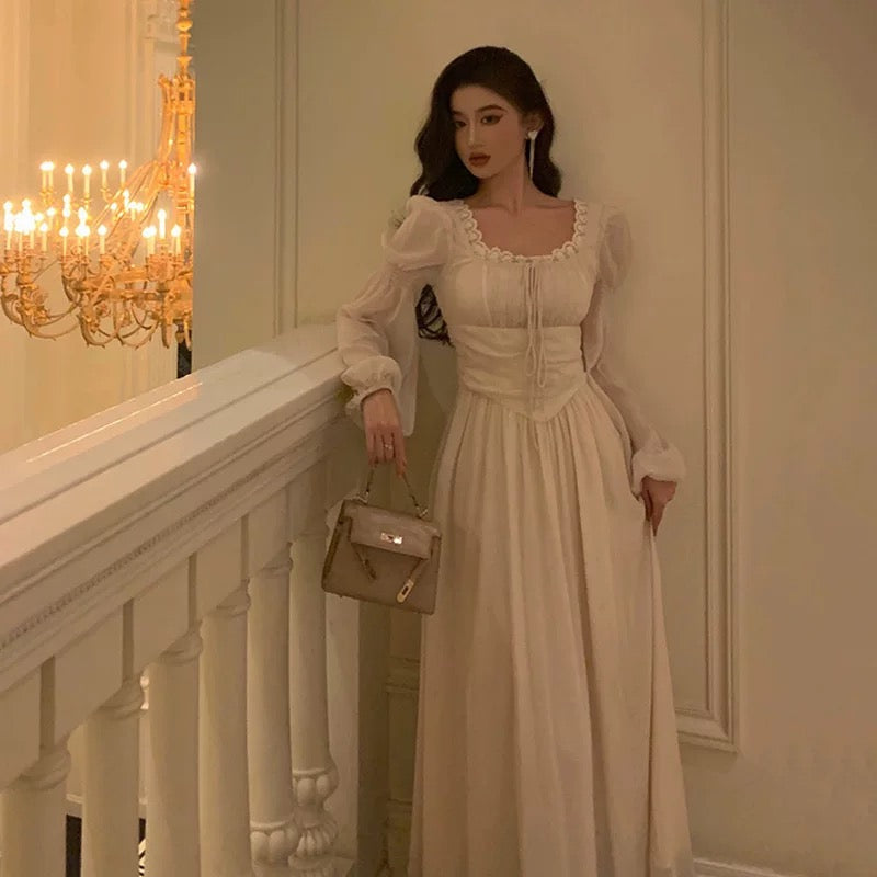 Elegant A line Square Neckline Long Sleeves White Chiffon Prom Dresses Birthday Outfits Evening Gown
