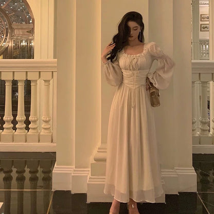 Elegant A line Square Neckline Long Sleeves White Chiffon Prom Dresses Birthday Outfits Evening Gown