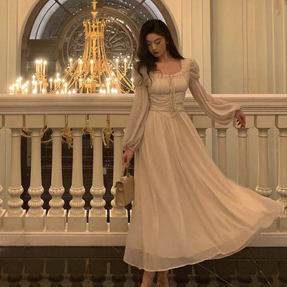 Elegant A line Square Neckline Long Sleeves White Chiffon Prom Dresses Birthday Outfits Evening Gown