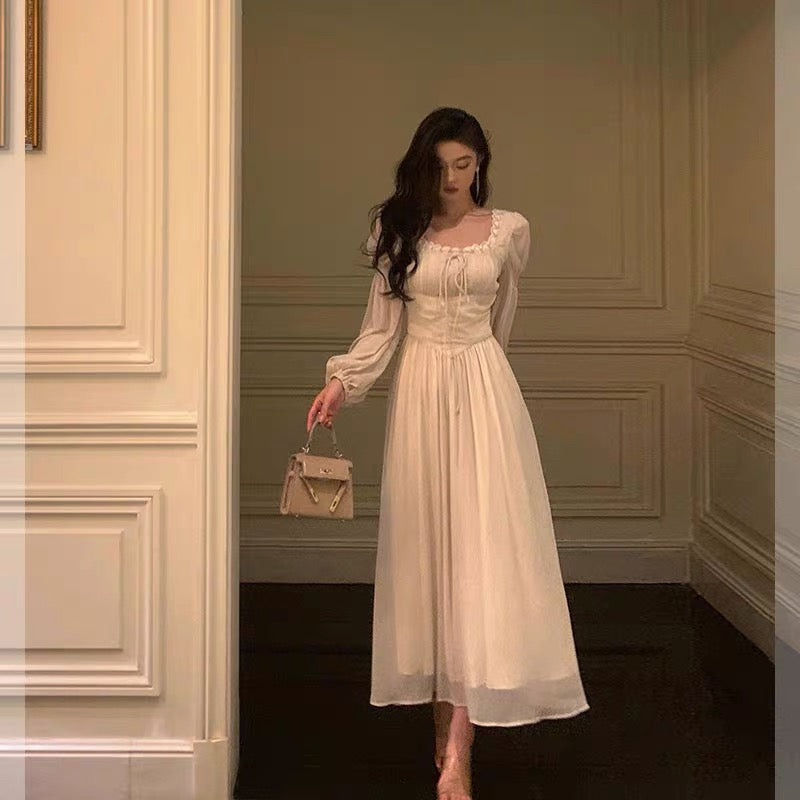Elegant A line Square Neckline Long Sleeves White Chiffon Prom Dresses Birthday Outfits Evening Gown