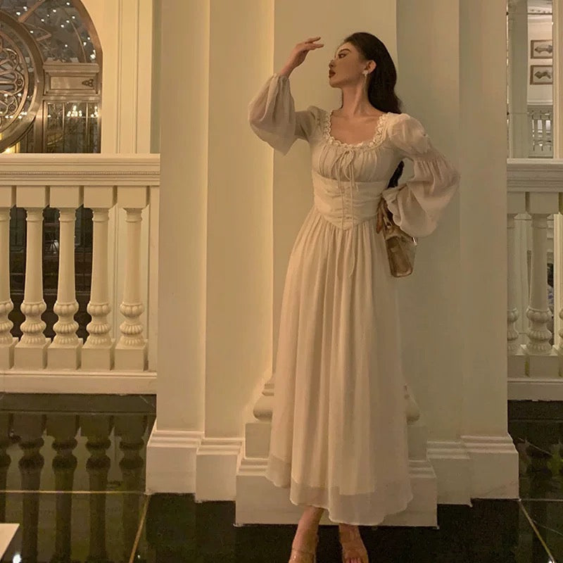 Elegant A line Square Neckline Long Sleeves White Chiffon Prom Dresses Birthday Outfits Evening Gown