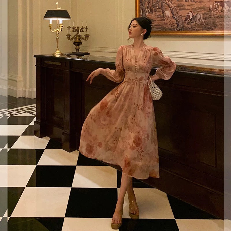 Sexy A Line V Neckline Long Sleeves Pink Floral Prom Dresses Birthday Outfits Evening Gown