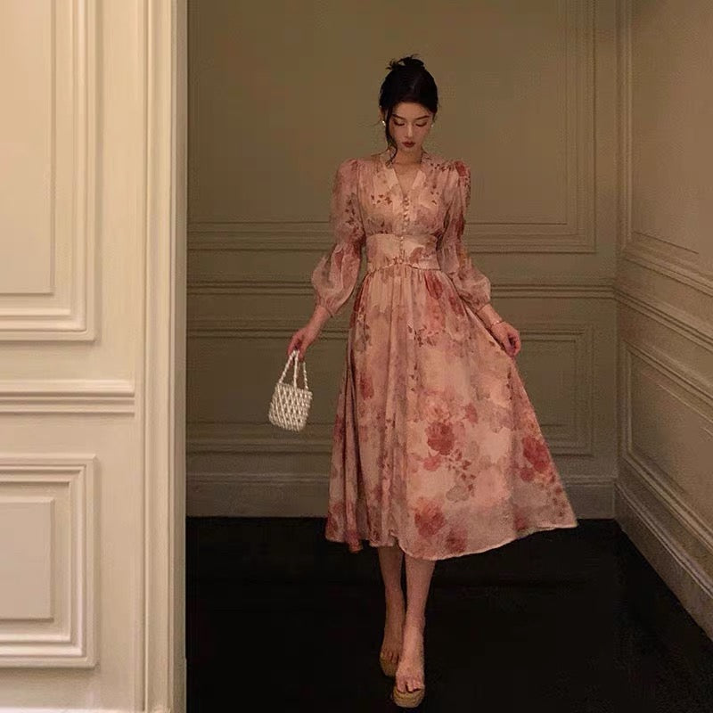 Sexy A Line V Neckline Long Sleeves Pink Floral Prom Dresses Birthday Outfits Evening Gown