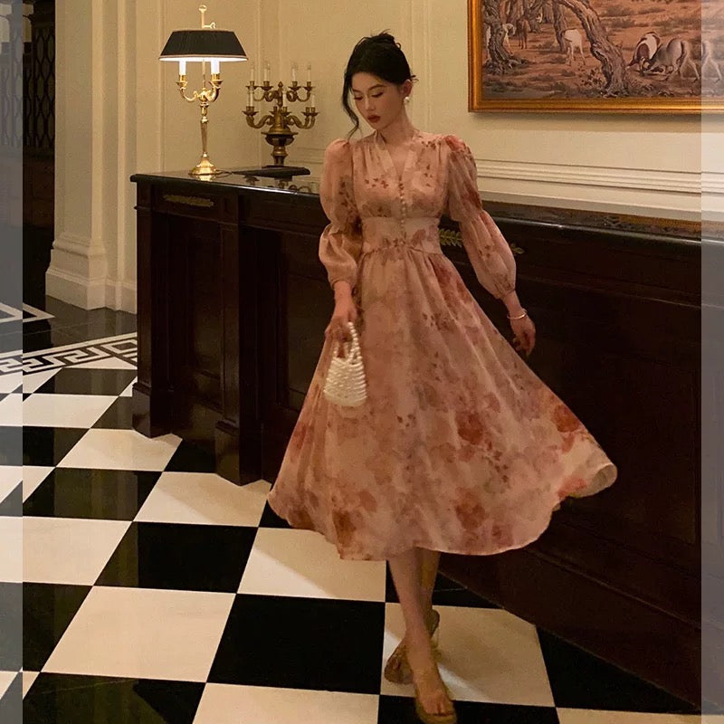 Sexy A Line V Neckline Long Sleeves Pink Floral Prom Dresses Birthday Outfits Evening Gown