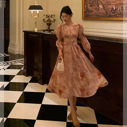Sexy A Line V Neckline Long Sleeves Pink Floral Prom Dresses Birthday Outfits Evening Gown