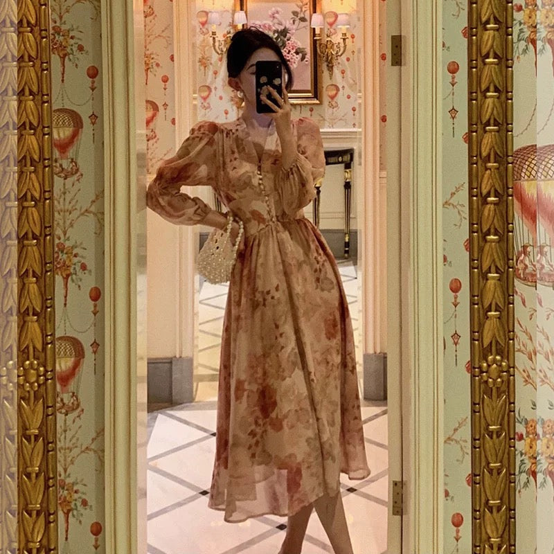 Sexy A Line V Neckline Long Sleeves Pink Floral Prom Dresses Birthday Outfits Evening Gown