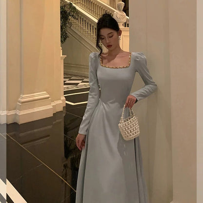 Sexy A Line Square Neckline Long Sleeves Prom Dresses Birthday Outfits Evening Gown