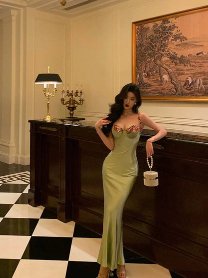 Classy Sheath Spaghetti Straps Green Long Prom Dresses Birthday Outfits Evening Gown