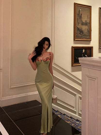 Classy Sheath Spaghetti Straps Green Long Prom Dresses Birthday Outfits Evening Gown