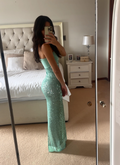 Sparkly Strapless Green Sequin Mermaid Prom Dress Long Party Gown With Ribbon