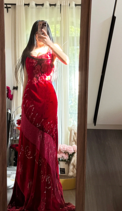 Unique Red Spaghetti Straps Velvet Sequin Mermaid Evening Dress Long Party Dresses D2302
