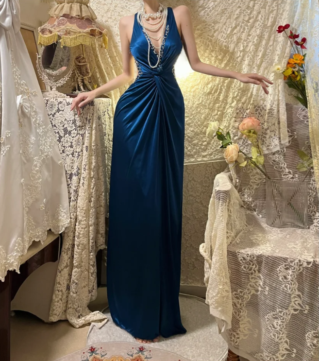 Fashion V Neck Navy Blue Satin Beaded Mermaid Long Party Dress Evening Dress D2107