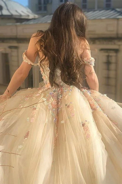 Gorgeous Off Shoulder Champagne Lace Floral Prom Dress, Long 3D Flower Champagne Formal Evening Dress, Champagne Ball Gown c3143