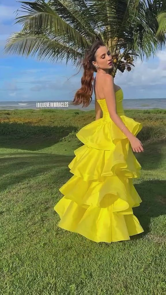 Fashion Yellow Strapless Satin Layered A Line Long Wedding Guest Dress Formal Evening Gown