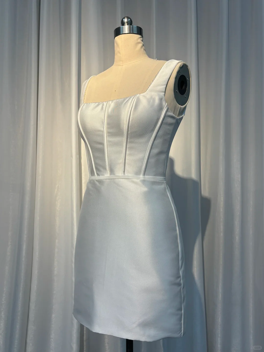 Simple Square Neck Satin Sheath White Short Cocktail Dress Formal Homecoming Dress S803