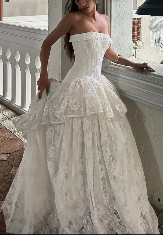 Classy Strapless White Lace Long wedding Dress Bridal Dress SP1115