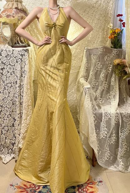 Unique Yellow Halter V Neck Satin Beaded Mermaid Long Party Dress Evening Dress D2135