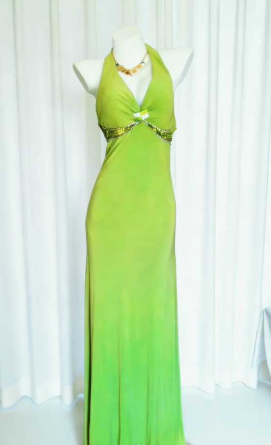 Sexy Halter Green V Neck Satin Beaded Mermaid Long Prom Dress Party Dress SP1635