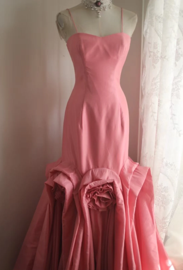 Elegant Spaghetti Straps Pink Satin Pleated Floral Mermaid Long Party Dress Birthday Evening Gown