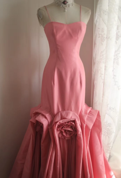 Elegant Spaghetti Straps Pink Satin Pleated Floral Mermaid Long Party Dress Birthday Evening Gown